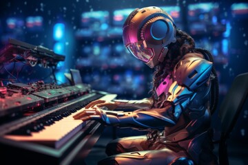 A robot with a human-like form plays the piano, illuminated by vibrant neon lights.