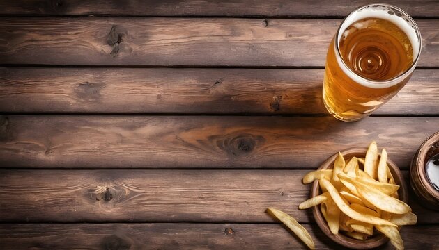 Beer rustic style . Beer and chips on a wooden background