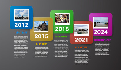 Vector Milestone with five color icons with photos and text.