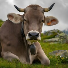 Brown Cow Resting Peacefully on a Lush Alpine Meadow During a Sunny Day