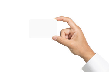 Businessman holding empty white card for your information isolated on white background include clipping path. Concept of business, branding and finance