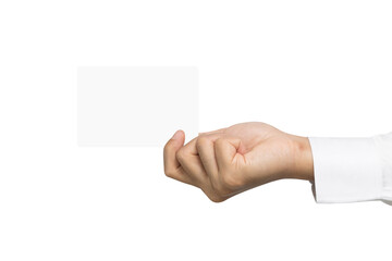 Businessman holding empty white card for your information isolated on white background include...