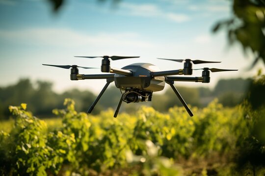 Drone flying over farmland at dawn, equipped with a camera for agricultural survey.