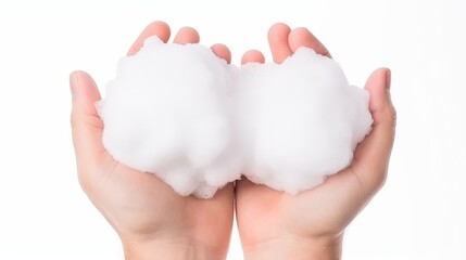 White bubbled foam in hands, hair foam, foam for man, white textured, hand full of soap isolated on white background
