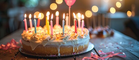 A joyful birthday cake with blazing candles celebrating a special occasion, placed on a table.