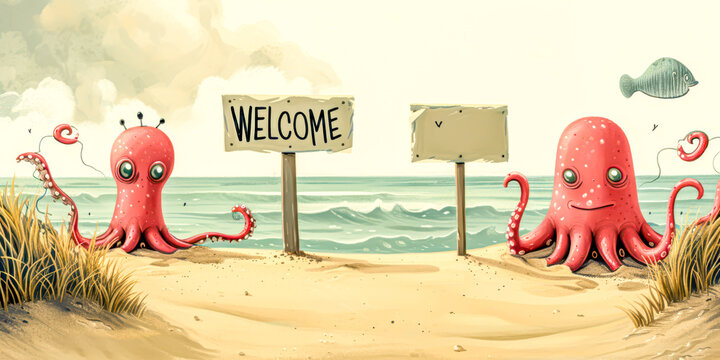 Playful extrange funny creatures [at the beach], with blank signboards "WELCOME" to help communicate the messages.
