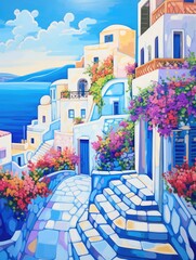 A painting depicting a street lined with vibrant flowers, adding color and life to the urban scene.