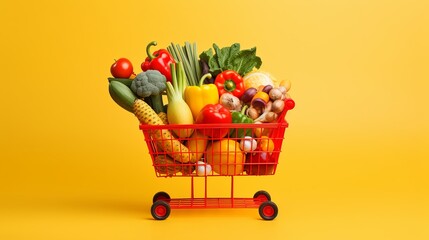 Wicker basket containing Supermarket foodstuffs on Yellow Background