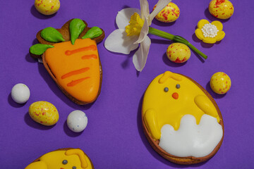 Traditional Happy Easter cookies, festive edible decor. Homemade baking concept, cute sweets