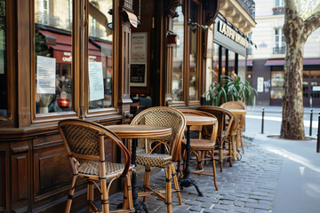 Fototapeta na wymiar Old-fashioned coffee terrace with tables and chairs,paris France