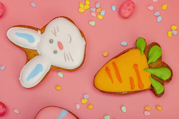 Traditional Happy Easter cookies, festive edible decor. Homemade baking concept, cute sweets