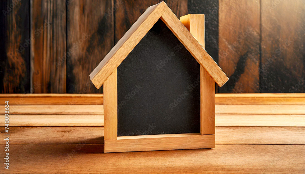 Poster closeup of an empty blackboard in the shape of a small wooden model house on a wooden table with cop