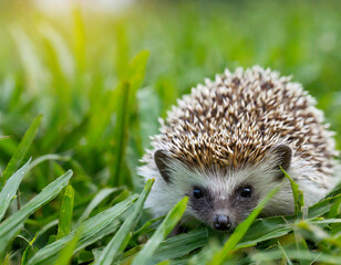 Fototapeta premium Close-up of a young hedgehog on the grass, Indonesia