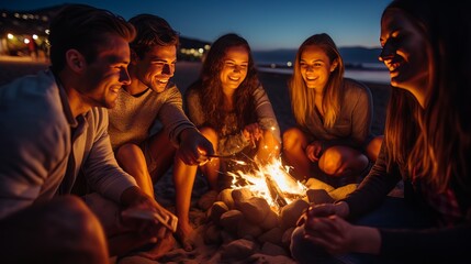 Young and cheerful friends sitting on the beach and fry marshmallows near bonfire They look happy and smiling. Night time - obrazy, fototapety, plakaty