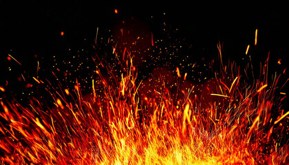 Fototapeta na wymiar Fire embers particles over black background. Fire sparks background. Abstract dark glitter fire particles lights.