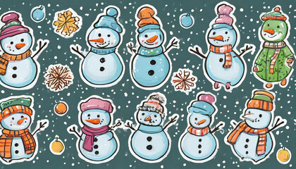 hand drawing cartoon snowman sticker set. cute drawing winter element for sticker, icon