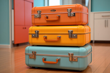 A vibrant  composition capturing the essence of travel and diversity, as three suitcases in vibrant colors lean against each other, symbolizing a spectrum of adventures waiting to unfold.