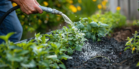 gardener manually watering plants in garden using hose - obrazy, fototapety, plakaty