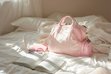 Pink travel bag placed on a white bed, accompanied by sunglasses, an enticing book, and a passport, enticing viewers with the promise of adventure and leisure. - obrazy, fototapety, plakaty