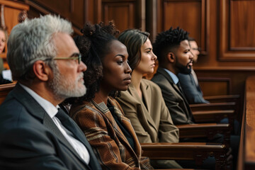 Group of jurors sitting together in jury box during trial - obrazy, fototapety, plakaty