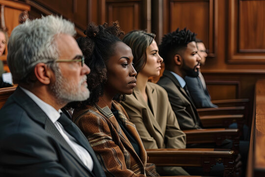 Group of jurors sitting together in jury box during trial
