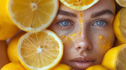 Close-up of a woman's face with vibrant blue eyes, surrounded by fresh cut lemons and zest. lemon detox, and brightening peels for glowing ski. AI