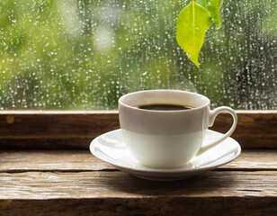 White coffee cup on old wooden window sill by a rainy window