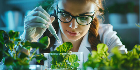 female scientist with pipette and petri dish studying green spinach and other plants