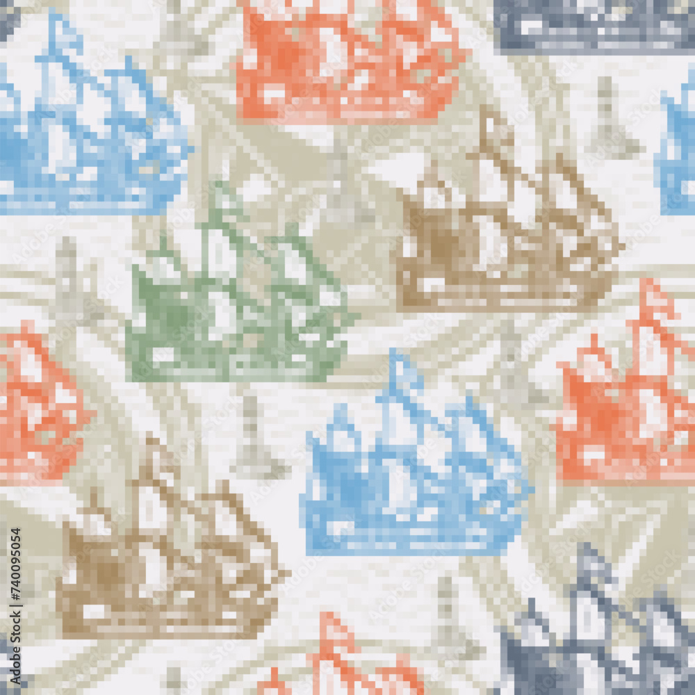 Sticker sailing ships colorful pattern seamless