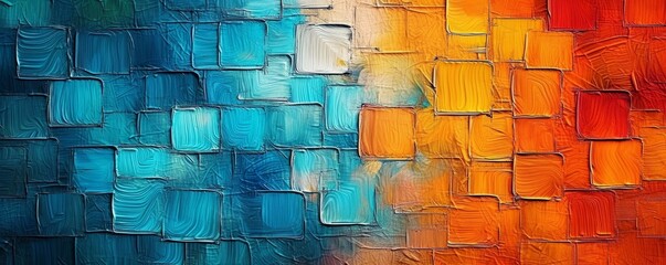 Closeup of abstract rough colorful blue orange multicolored art painting texture, with oil brushstroke, pallet knife paint, with square geometric print, complementary colors. Generative AI