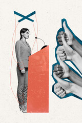 Vertical magazine photo collage image of marionette woman controlled by politics proclaim fakes...