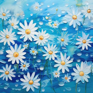 A detailed painting depicting white daisies against a vibrant blue background, showcasing intricate brushstrokes and delicate petals.