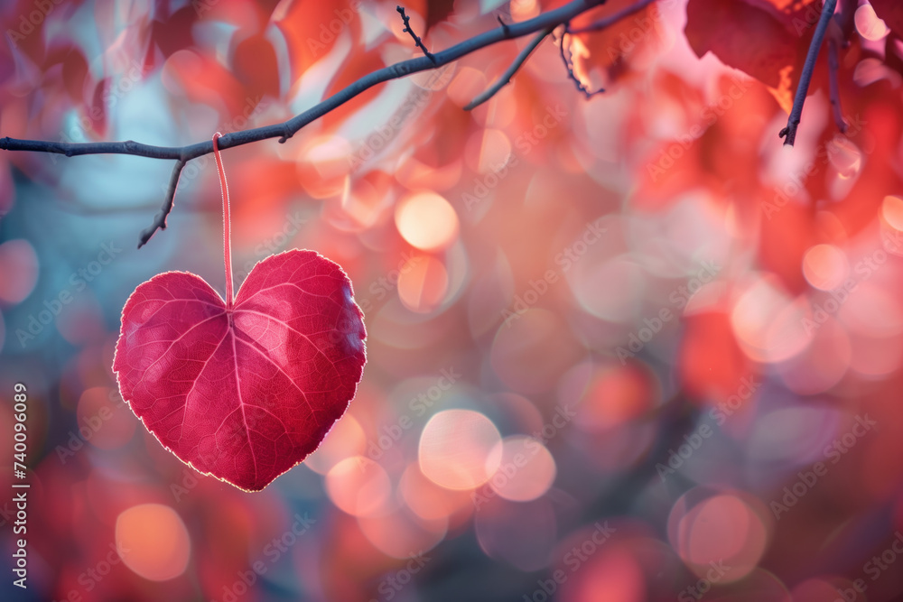 Poster heart shaped leaf on a tree. love is everywhere. a slide background for showcasing love. background 
