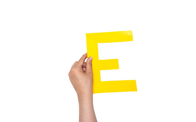 closeup hand holding paper letter E isolated on white 