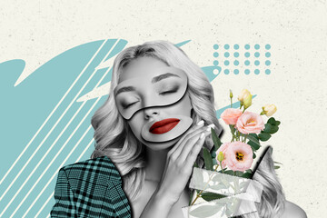 Horizontal creative photo collage banner illustration of gentle tender lady touching her face...