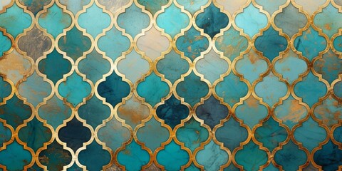 Abstract turquoise gold mosaic tile wall texture background illustration - Arabesque moroccan marrakech vintage retro ceramic tiles pattern, Generative AI