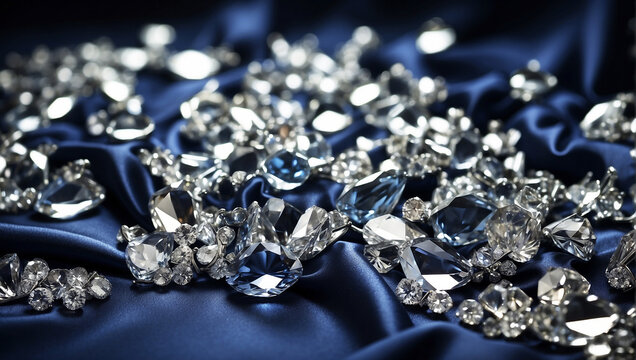 Shiny diamonds brilliants gemstones on navy blue fabric wavy background. Luxury Diamonds crystals and silk satin fabric texture background.

