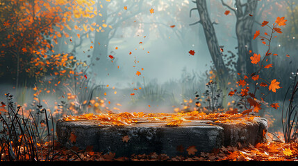 A mystical stone platform in a forest setting with autumn leaves gently falling around, perfect for seasonal themes.