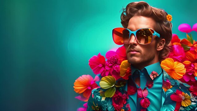 Handsome man portrait in blue jacket and sunglasses on bold blooming floral abstract background in pop art style. Contemporary fashion concept