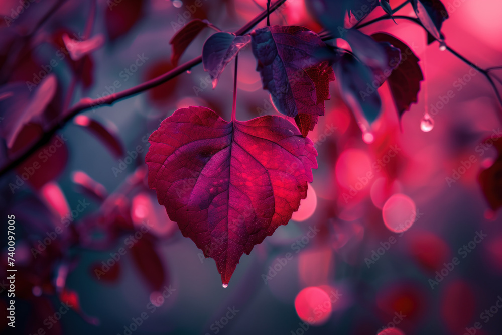 Poster red autumn leaves in the sun. love is everywhere. a slide background for showcasing love. background