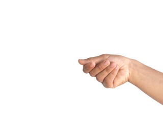 Man's hands are making a gesture of holding a card or business card, some kind of document, ID card or passport. Isolated on a white background.
