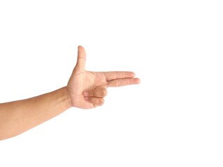 Male hand making a gesture like holding a gun, gun symbol or shooting a gun, isolated on white background.