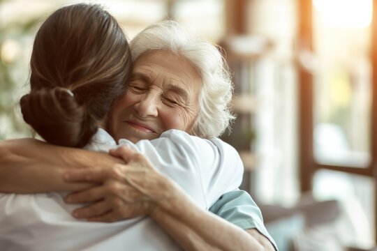 Elderly Woman Hugging Nurse Warmly in Sunlit Room Showing Gratitude and Affection