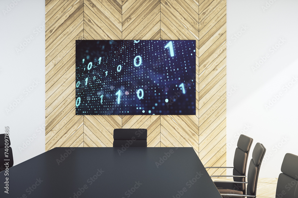 Leinwandbilder creative abstract binary code sketch on presentation monitor in a modern boardroom, hacking and matr