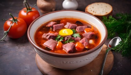 Traditional Ukrainian meat soup Solyanka in bowl