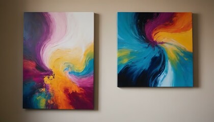 A set of vibrant, acrylic art canvases propped against a studio wall