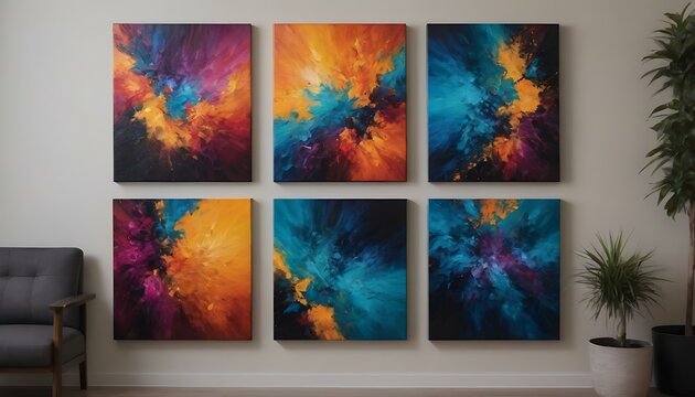 A set of vibrant, acrylic art canvases propped against a studio wall