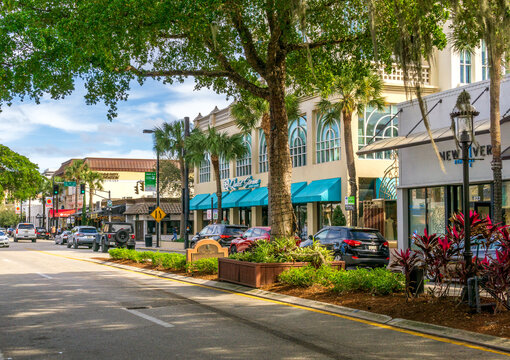 Fort Lauderdale, FL - US - Feb 7, 2024 Palm tree lined Las Olas Boulevard, a vibrant and cosmopolitan thoroughfare renowned for its eclectic mix of shops, restaurants, galleries and entertainment.