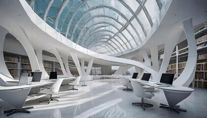 Futuristic and modern white public library. Modern bright library with bookshelves full of multicolored books and space for reading and studying. Generative Ai.