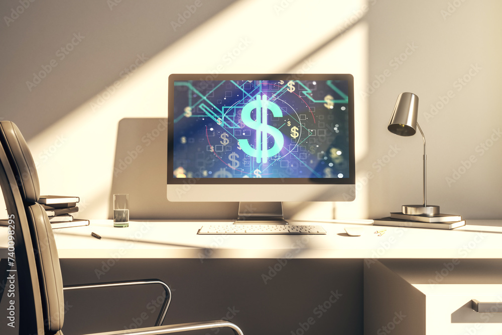 Poster modern computer monitor with creative usd symbols hologram. banking and investing concept. 3d render